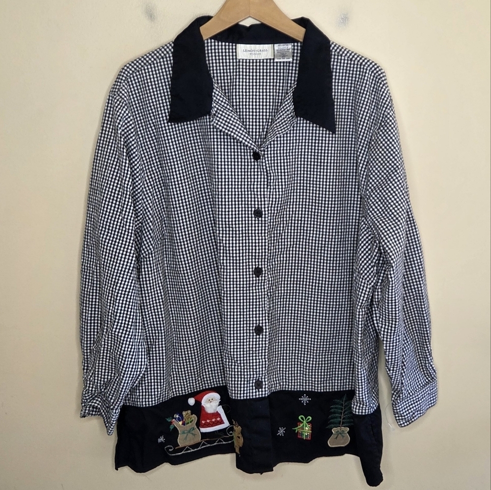 Lemon Grass | Black White Gingham Shirt Christmas Santa Reindeer Hem Size 3X